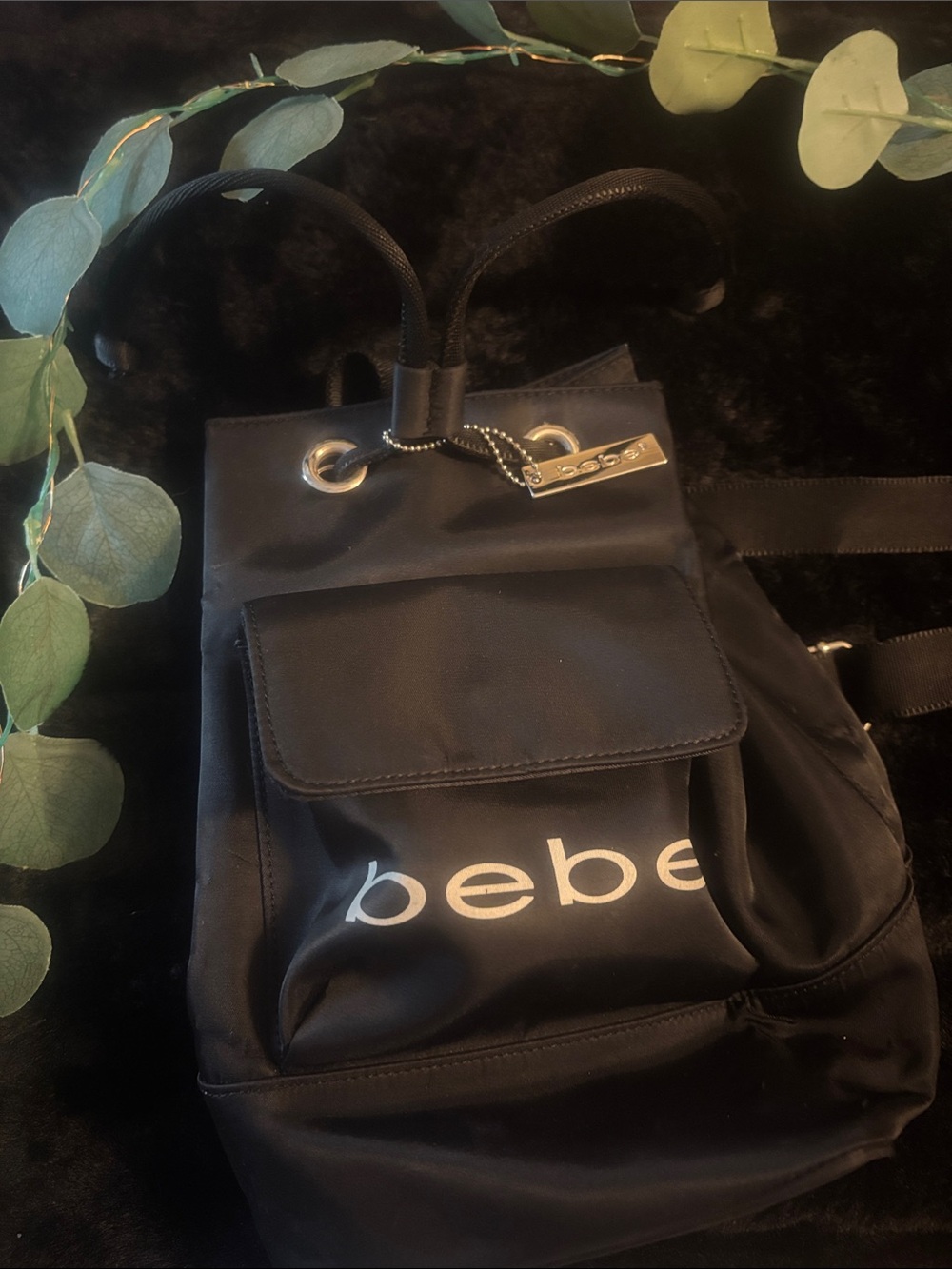 bebe Black Nylon Logo Drawstring Backpack with Silver Hardware